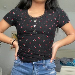 cute cherry button up lace top